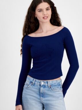 Just Polly Juniors' Star-Patch Rib-Knit Top - Navy Size S NWT